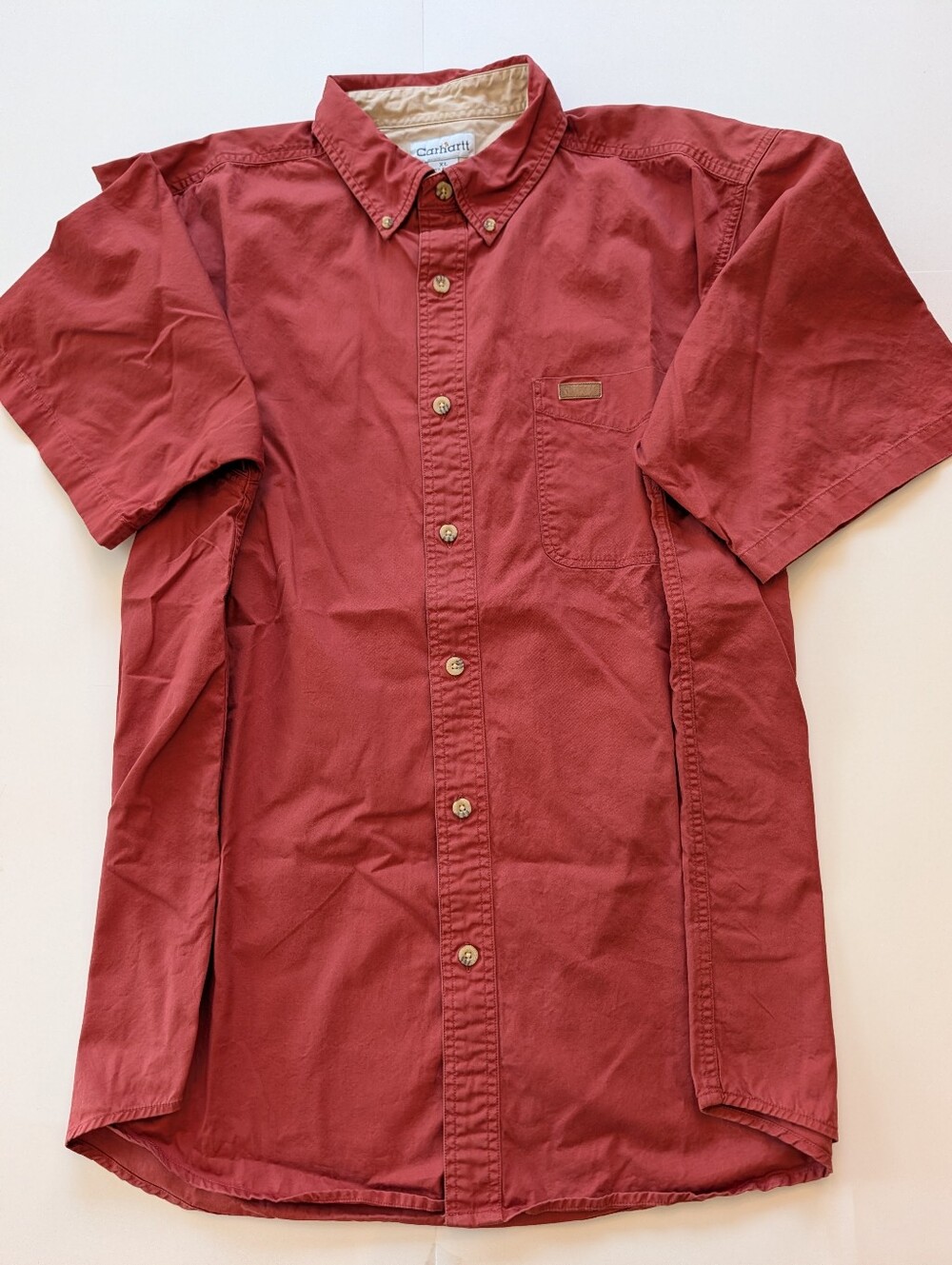 Carhartt Men's Short Sleeve Cotton Button Down Shirt, Size XL, Brick Red